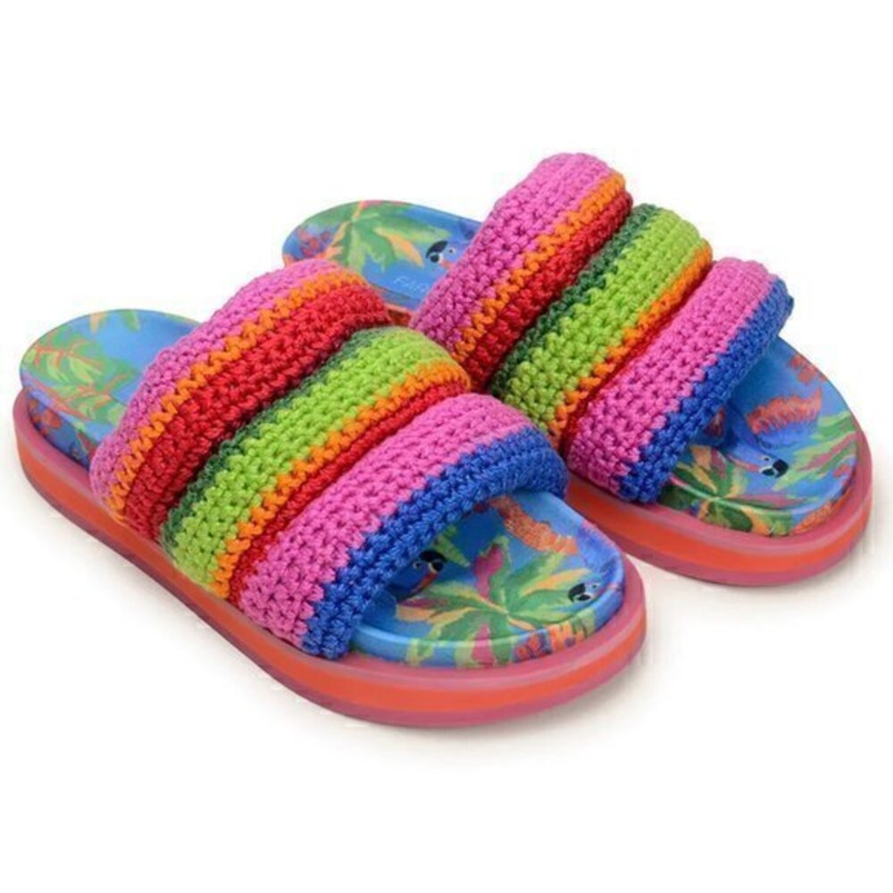 Farm Rio Blue Macaw Crochet Anatomic Platform Slide Sandal Size 8 NWT